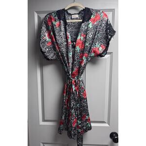 VTG Barbizon Floral Satin Short Robe Kimono Style Belted *fits like Med RED BLK